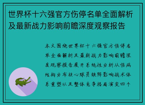 世界杯十六强官方伤停名单全面解析及最新战力影响前瞻深度观察报告